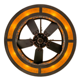 Bottom view showing fan blades surrounded by glowing mica shade.