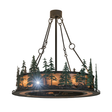 Front view showing glowing Silver Mica shade and pine tree detailing.
