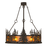 Front view highlighting pine forest design and warm amber glow.