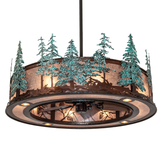 Front view of Tall Pines Chandel-Air with glowing mica shade and green pine details.