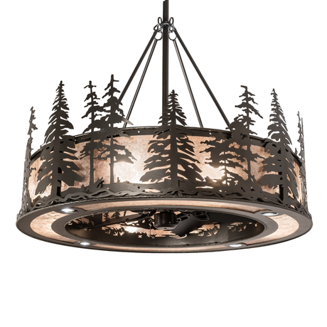 Tall Pines Chandel-Air chandelier fan glowing with silver mica diffuser.