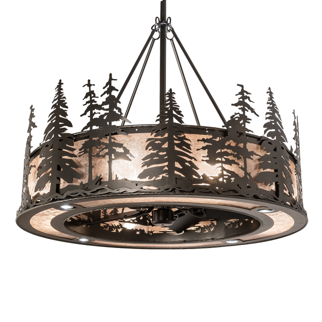 Tall Pines Chandel-Air chandelier fan glowing with silver mica diffuser.