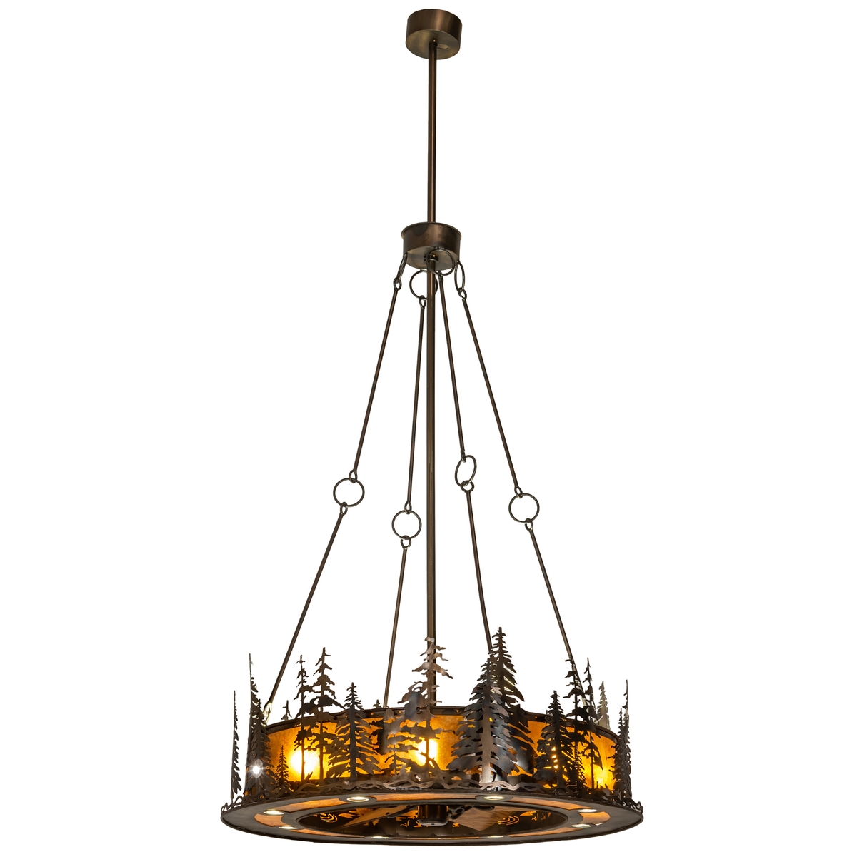 Full-drop lit view of Tall Pines Chandel-Air showing full hanging height and design.