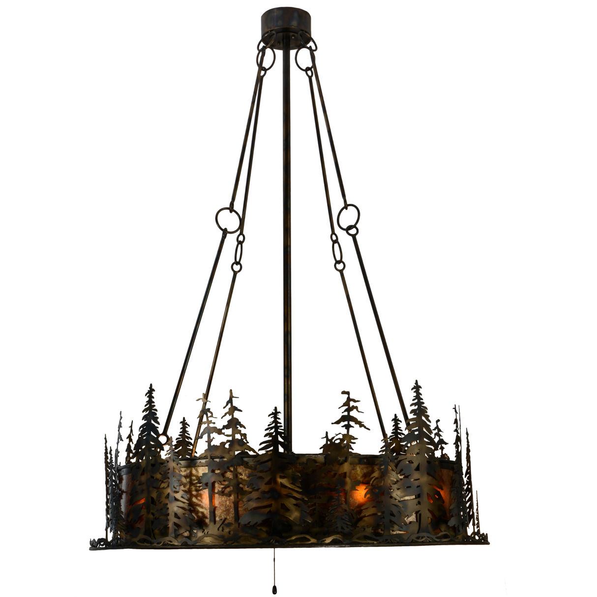 Side view showing layered pine tree patterns and amber mica panels.