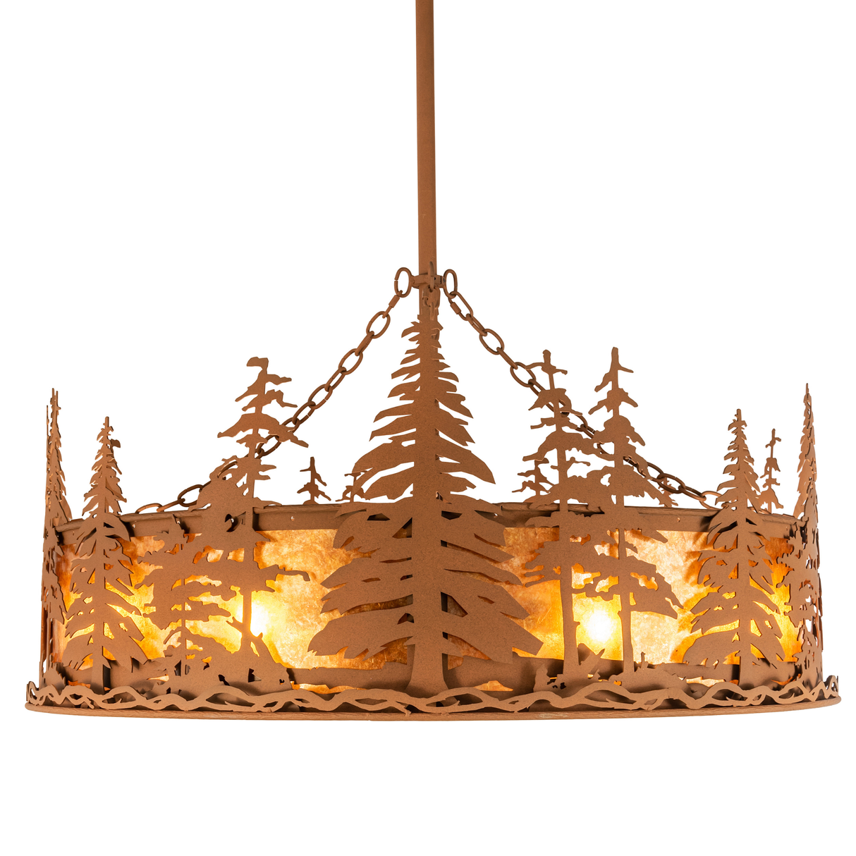 Side lit view highlighting rustic pine pattern and amber illumination.