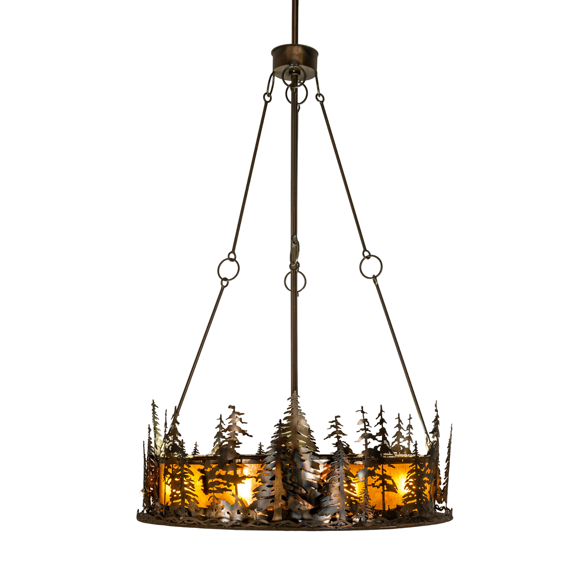 Side lit view with pine forest metal detailing and amber mica glow.