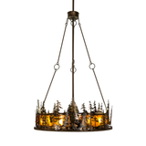Side lit view with pine forest metal detailing and amber mica glow.