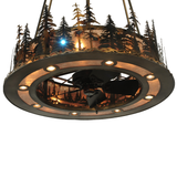 Lower angle of illuminated Tall Pines Chandel-Air with bronze finish.