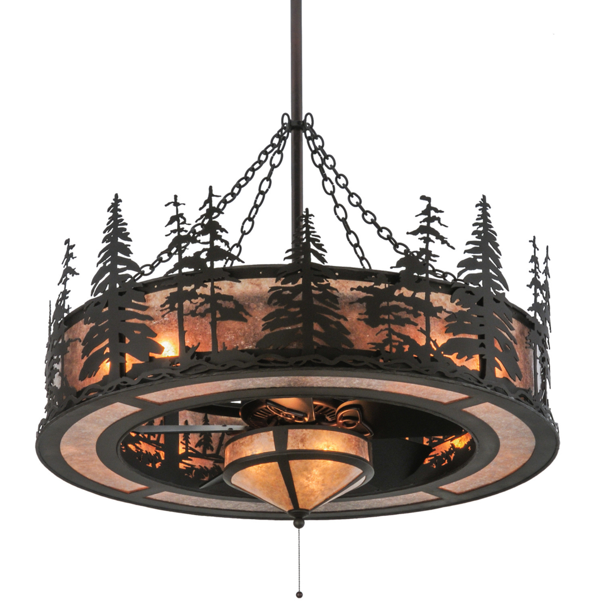 Lower angled lit view revealing fan housing and glowing hub light.