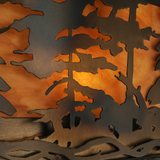Closeup showing pine tree cutout detail with warm amber glow.