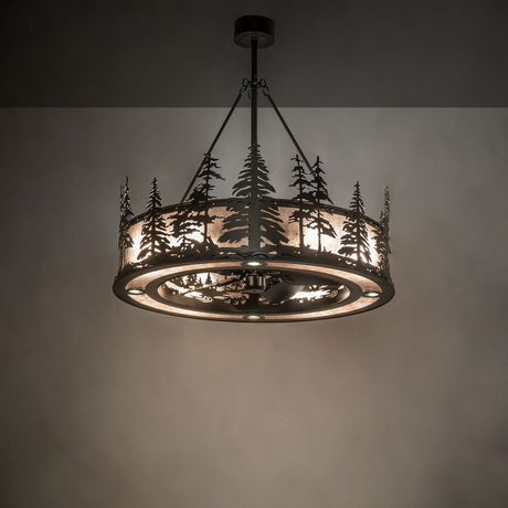 Rustic Tall Pines Chandel-Air casting warm ambient glow in lodge interior.