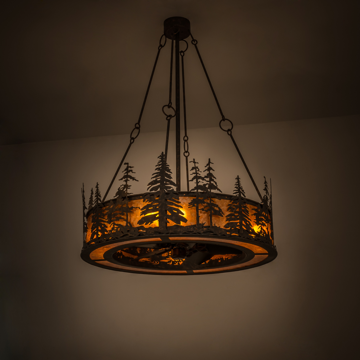 Room-lit view displaying warm amber illumination against rustic background.