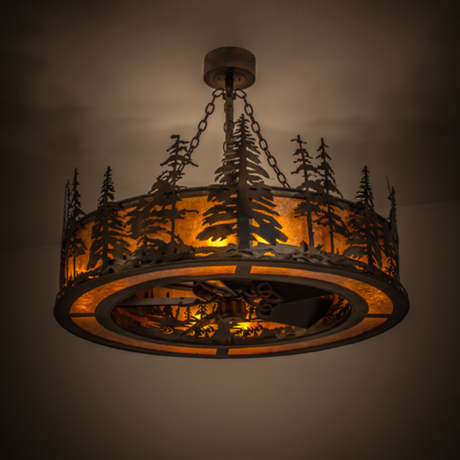 Room-lit view of Tall Pines Chandel-Air glowing with amber mica diffuser.
