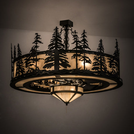 Lit room view of Tall Pines Chandel-Air showcasing warm amber glow and pine design.