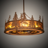 Ambient lit view showing pine silhouettes casting a warm glow.
