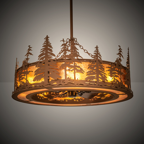 Ambient lit view showing pine silhouettes casting a warm glow.