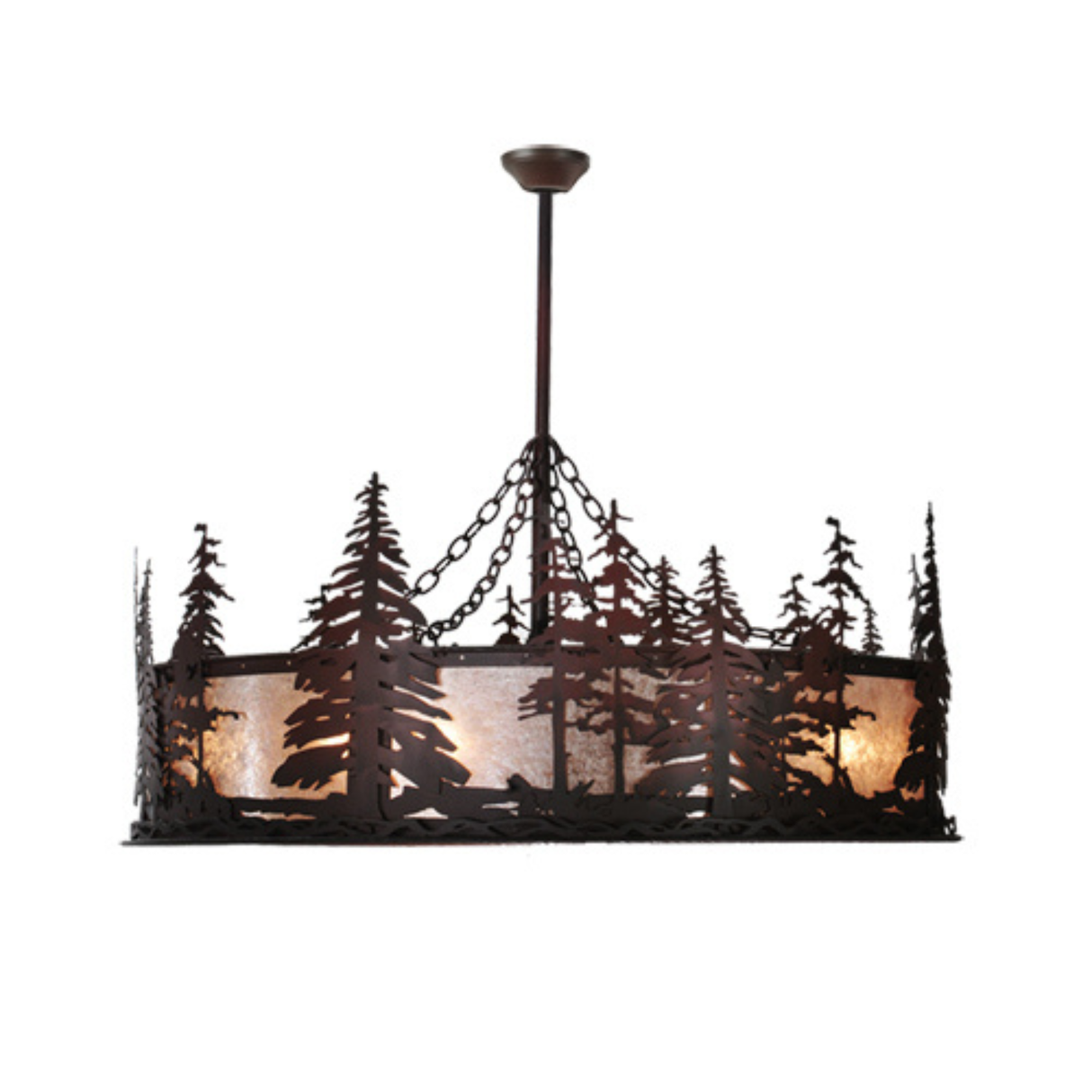 Side angled view showcasing rustic pine forest cutouts.