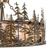 Side detail of Tall Pines Chandel-Air highlighting antique copper pine silhouettes.