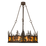 Side lit view showing handcrafted pine cutouts and glowing mica shade.