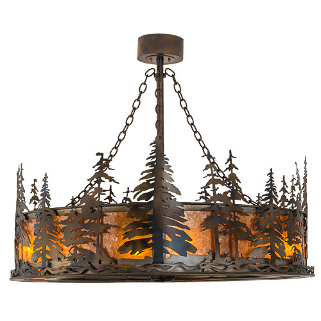 Side lit view highlighting pine tree design and amber mica illumination.