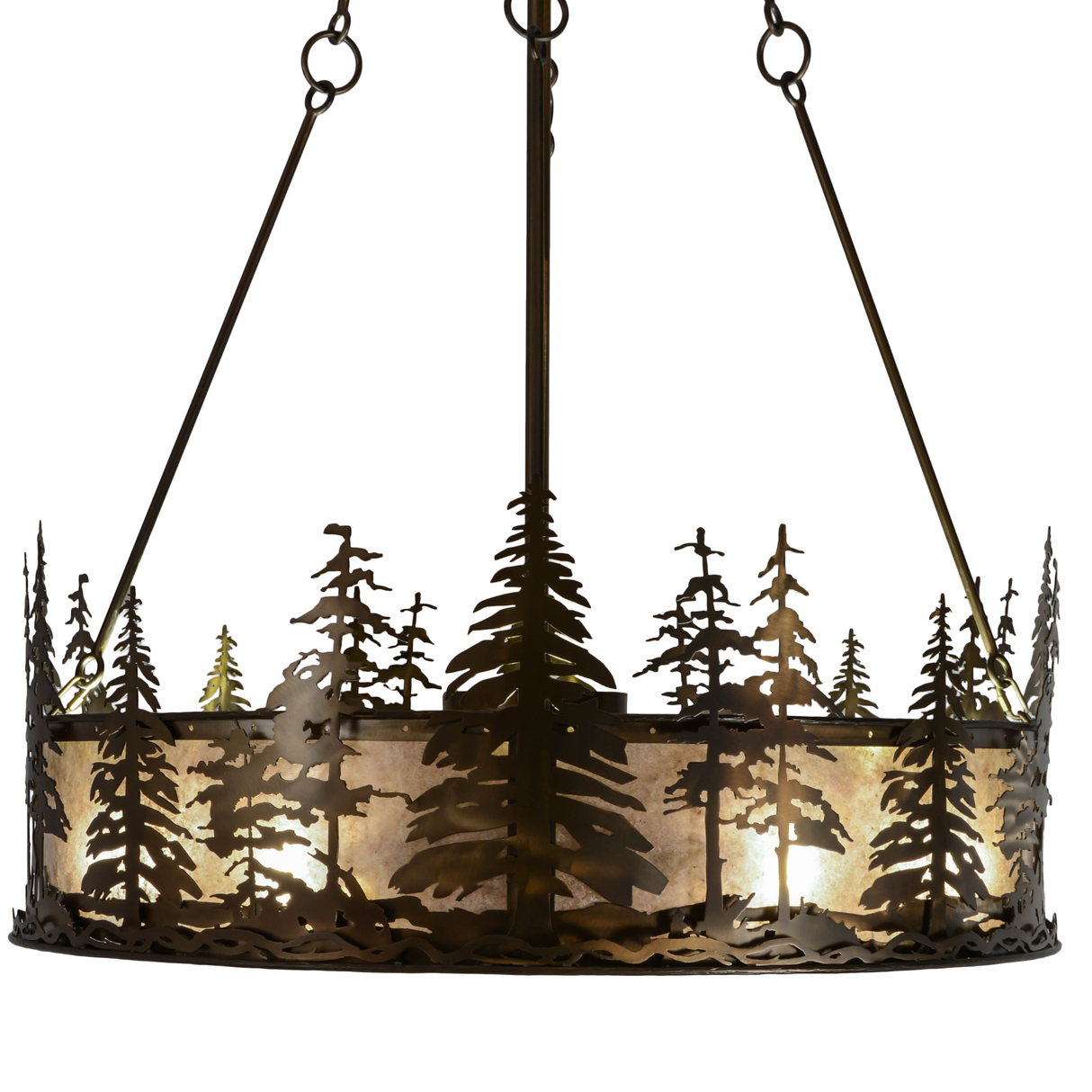 Side lit view showcasing forest-cut metalwork and silver mica diffuser.