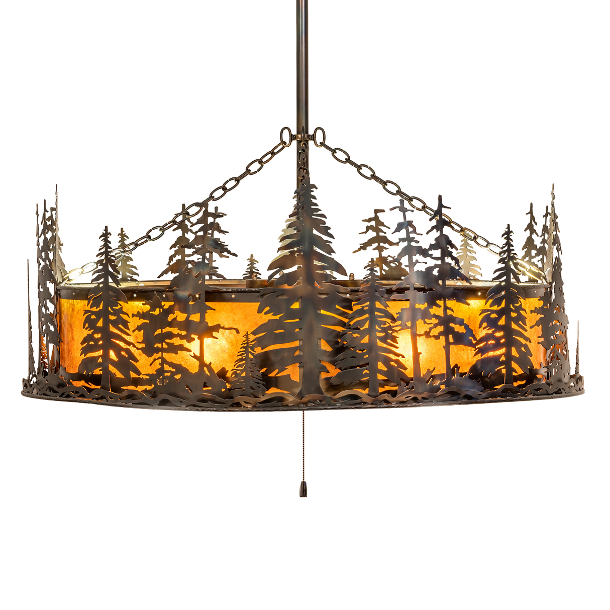 Side view displaying detailed pine tree cutouts and radiant amber mica diffuser.