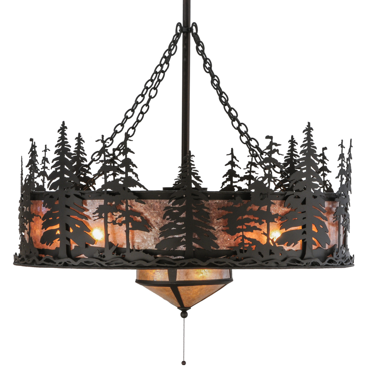 Side lit view showcasing bronze trees and softly glowing mica shade.
