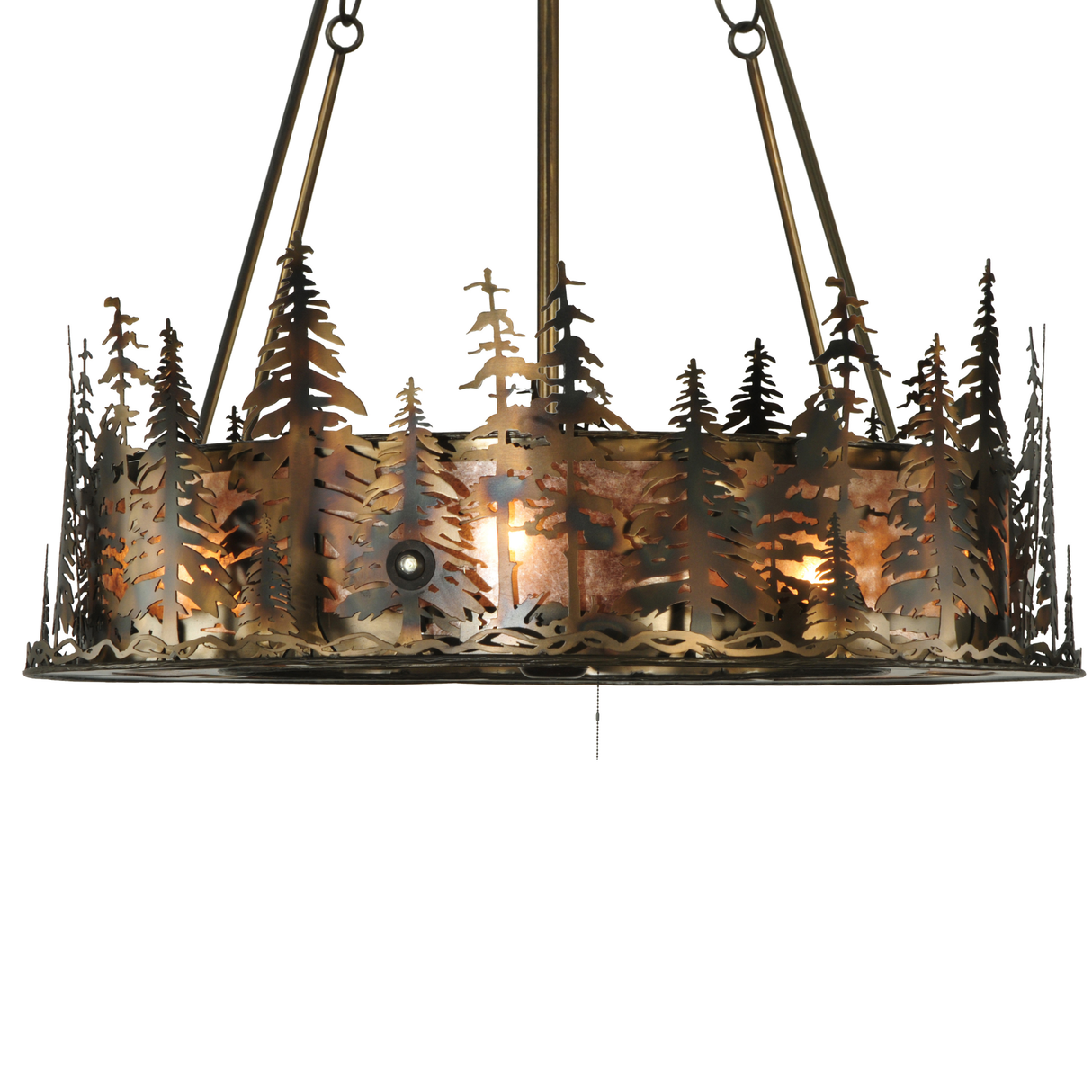Side view showing pine tree silhouette and warm mica glow.