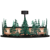 Side lit view featuring handcrafted pine tree silhouettes.