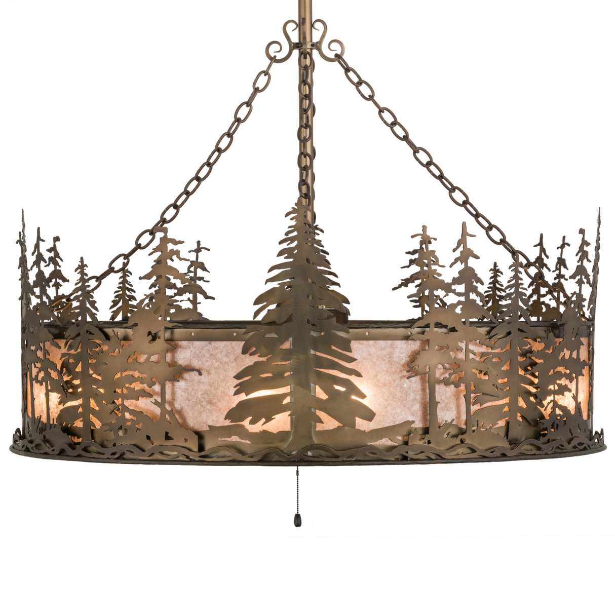 Side view highlighting pine forest cutouts and warm mica lighting.