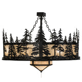 Side lit view emphasizing pine forest design and warm amber glow.
