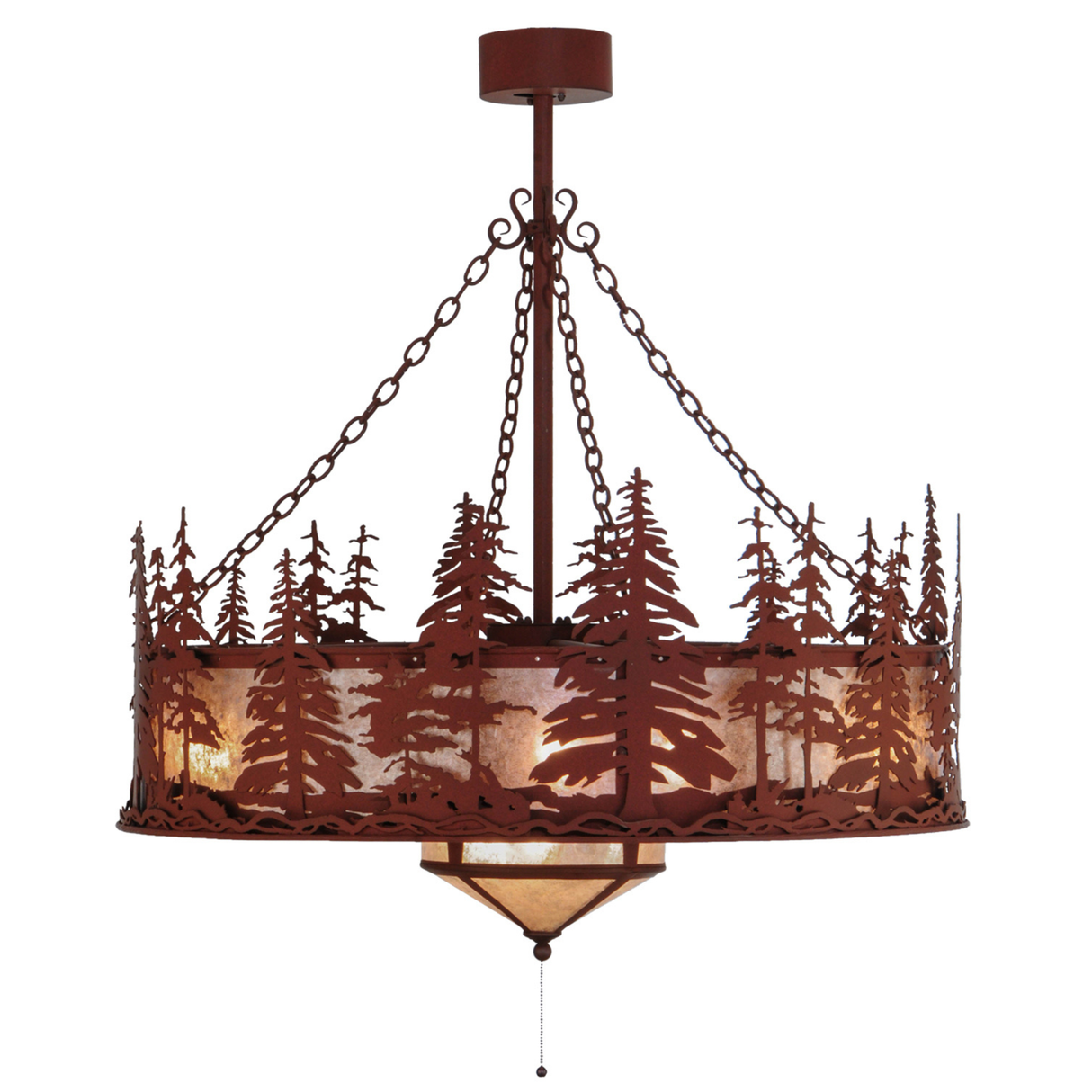 Straight side view of illuminated Tall Pines Chandel-Air with fan light.