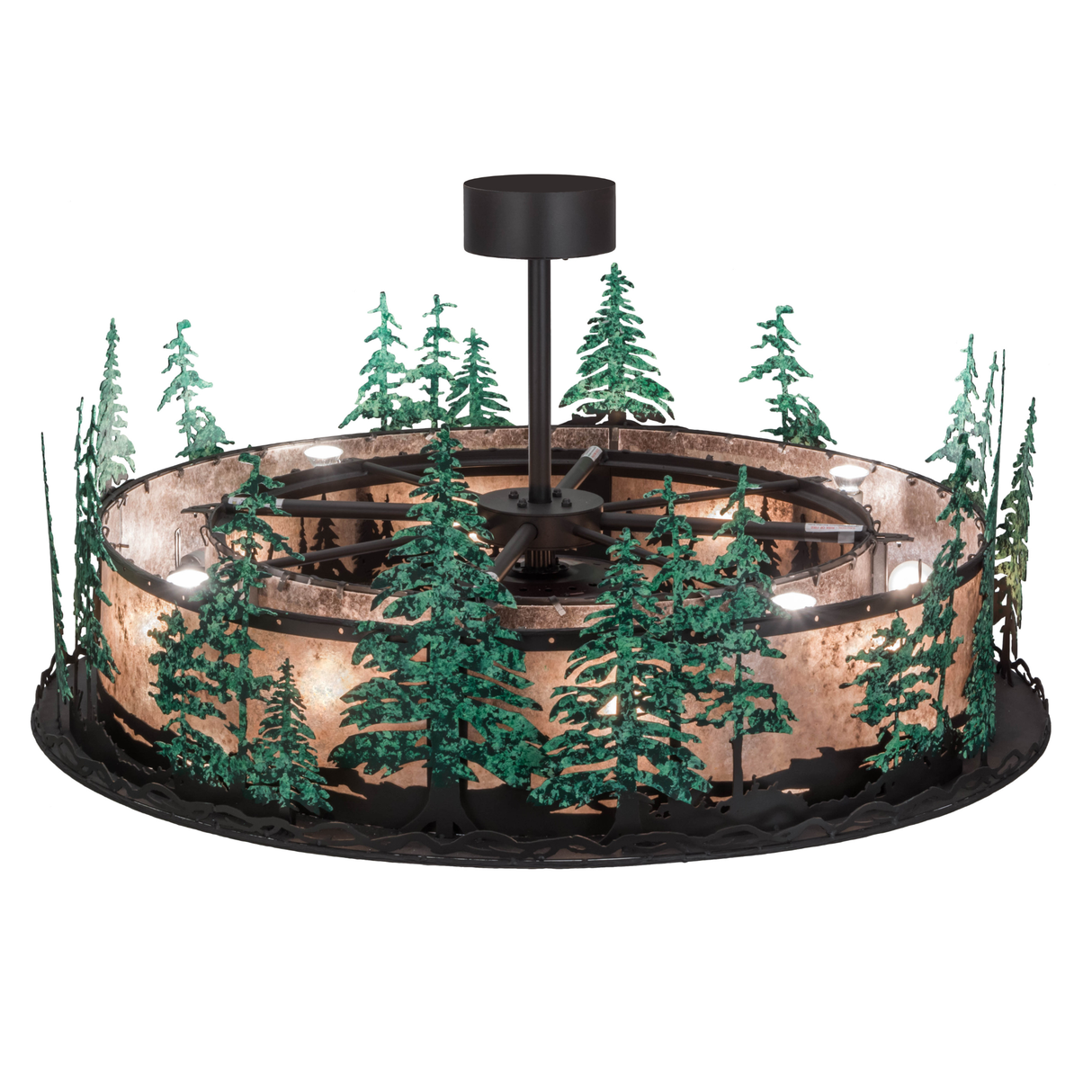 Top angle lit view showing circular frame and forest-themed design.