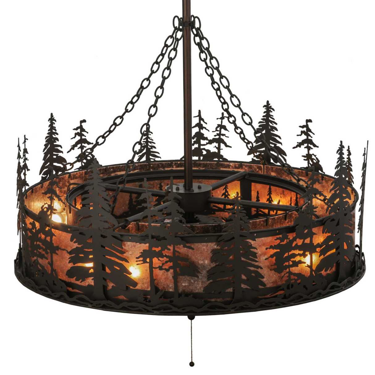 Top angled view showing layered bronze canopy and chain supports.