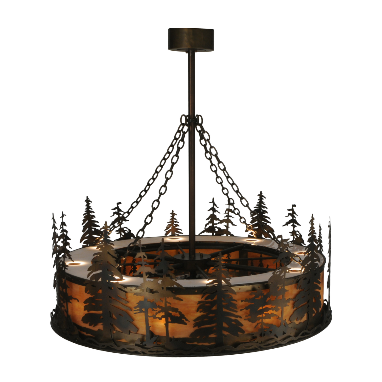 Top angled lit view featuring glowing mica shade and rustic detail.
