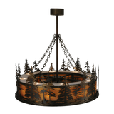 Top angled lit view featuring glowing mica shade and rustic detail.