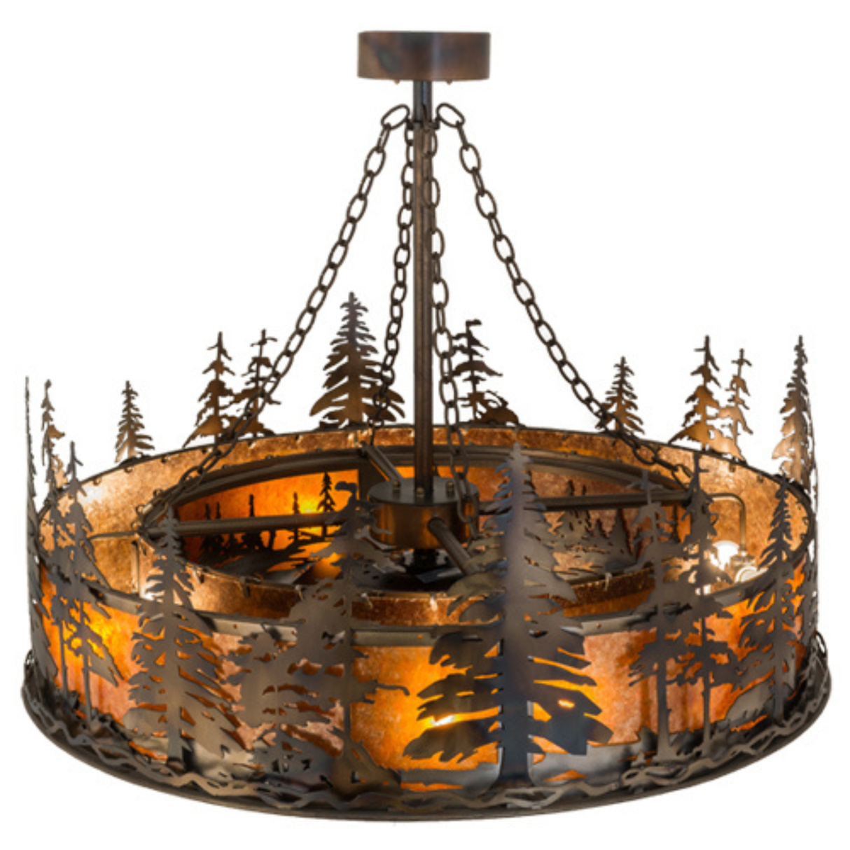 Top angle lit view of Tall Pines Chandel-Air with pine forest detailing.