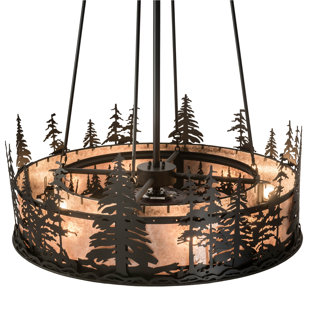 Top angled lit view showing forest silhouette and warm mica illumination.