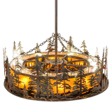 Top angle showing chain suspension and inner fan framed by glowing amber mica.