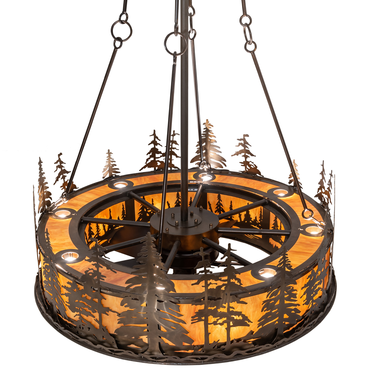 Top angled view highlighting layered metal pine trees and light ring.