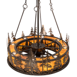 Top angled view highlighting layered metal pine trees and light ring.