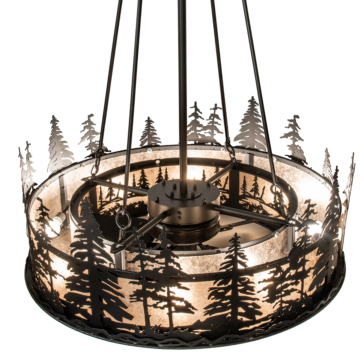 Overhead view highlighting suspension rods and forest-themed frame.
