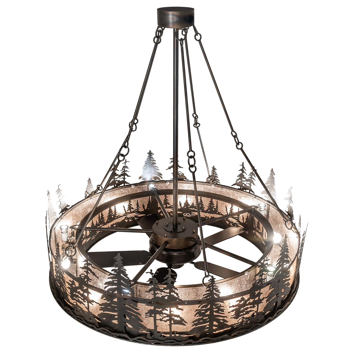 Top angled view highlighting canopy, rods, and pine tree ring design.