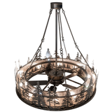 Top angled view highlighting canopy, rods, and pine tree ring design.