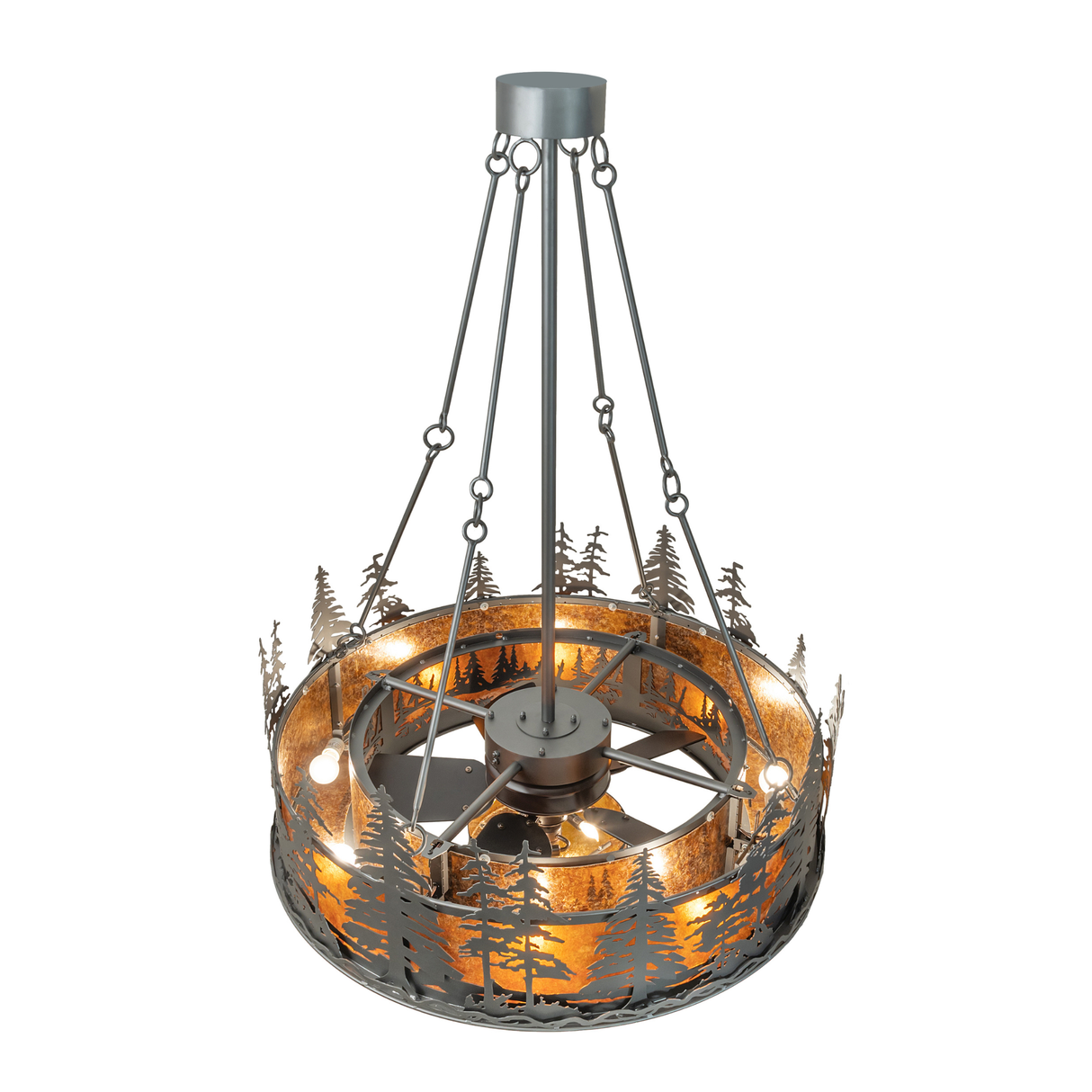 Overhead angle showing integrated fan and layered lighting design.