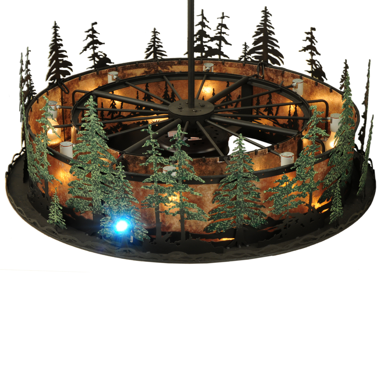 Top interior lit view of Tall Pines Chandel-Air showing bulbs and fan assembly.