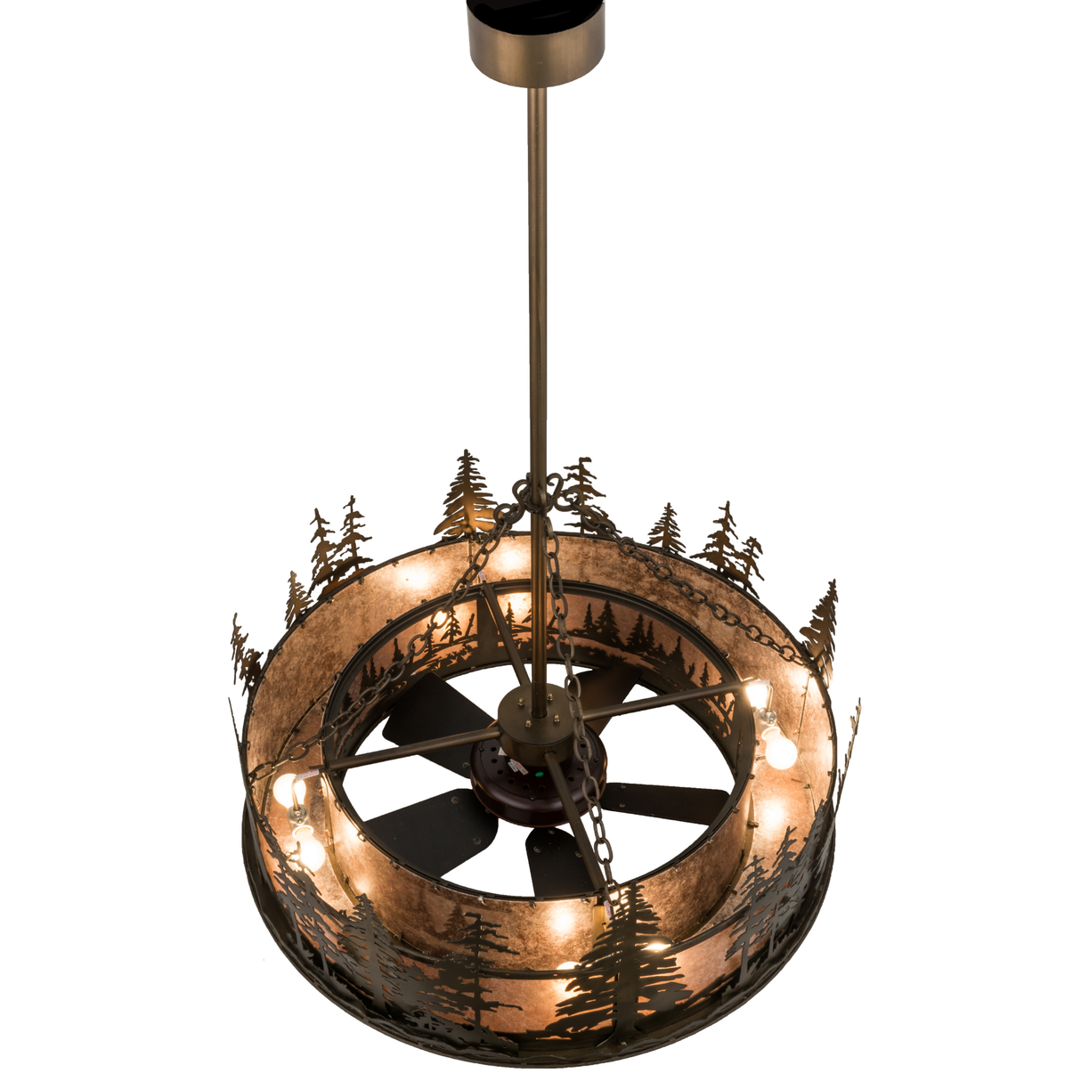 Top-down view capturing interior bulbs and metal pine tree accents.