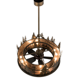 Top-down view capturing interior bulbs and metal pine tree accents.