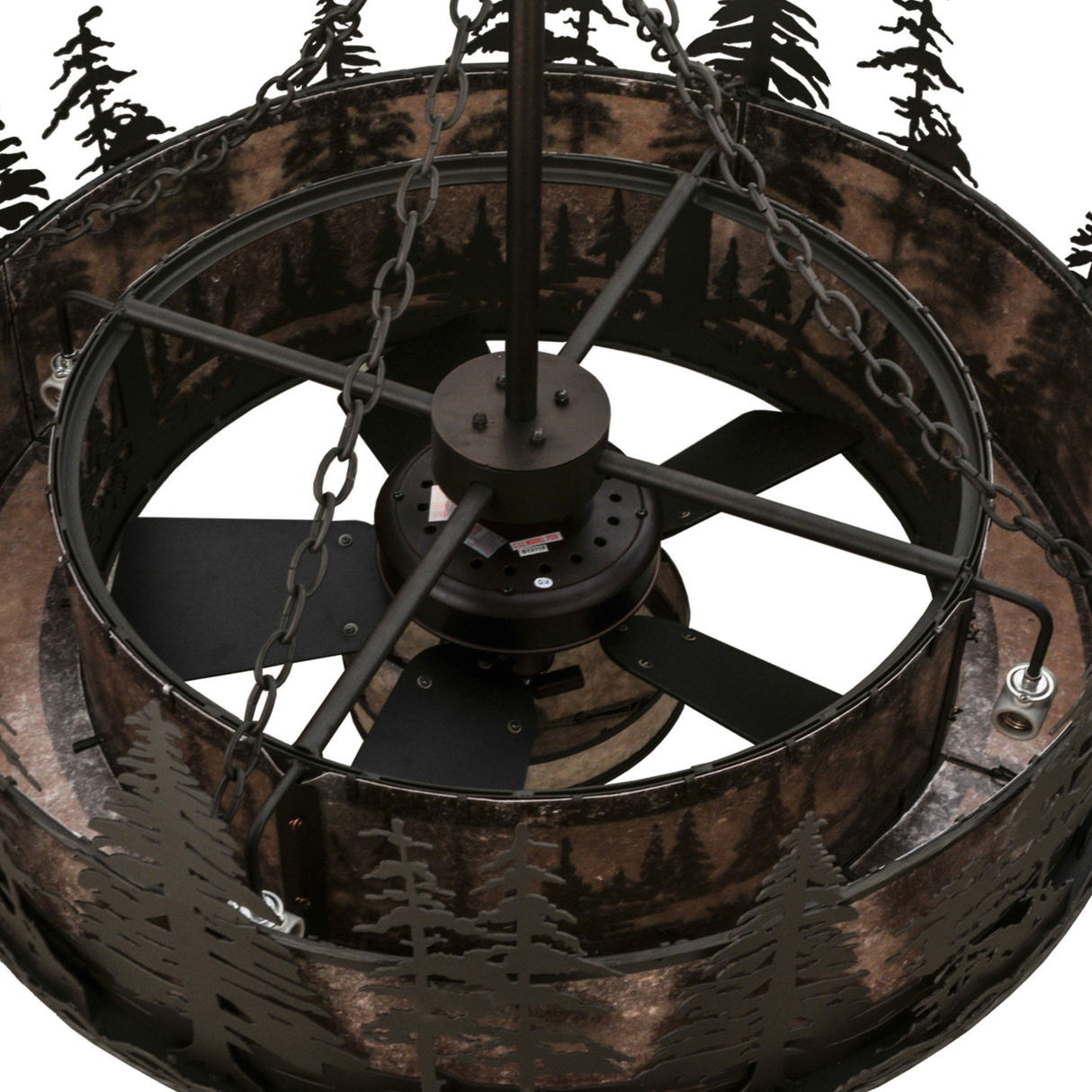 Top unlit view focusing on fan assembly and pine frame interior.