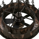 Top unlit view focusing on fan assembly and pine frame interior.